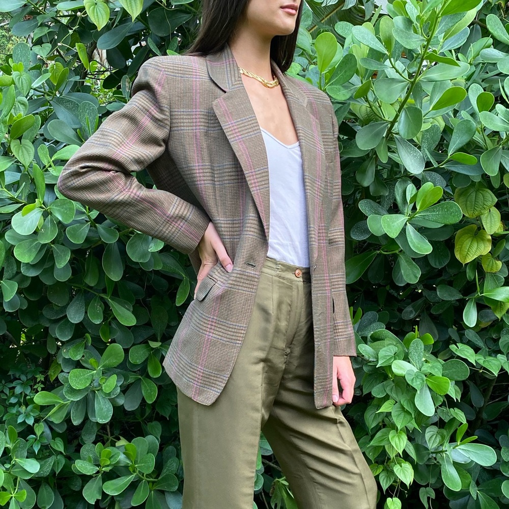 Vintage plaid olive green tan blazer 🌿